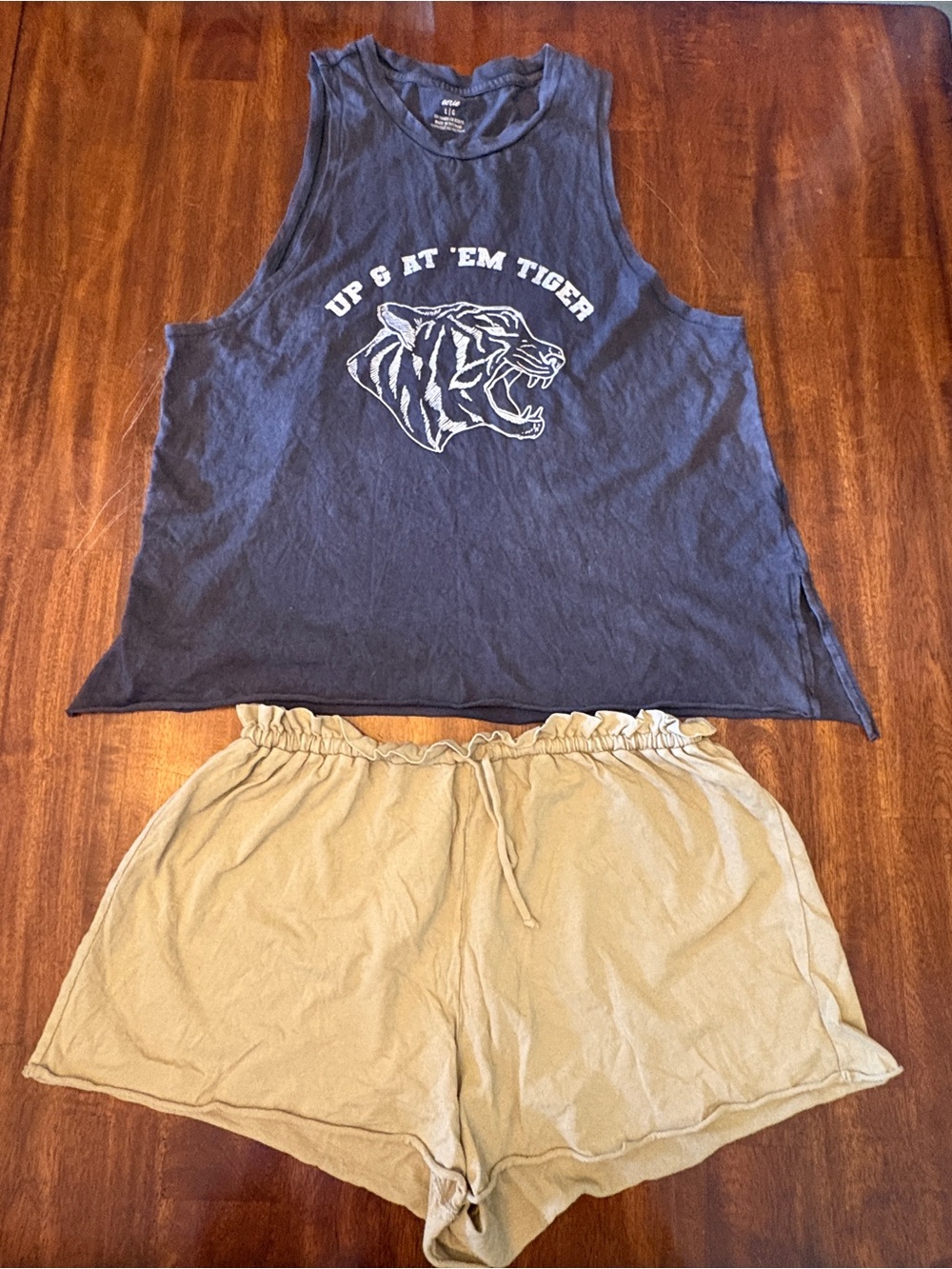 Aerie Black Tiger Graphic Muscle Tank and Khaki Short Pajama Set